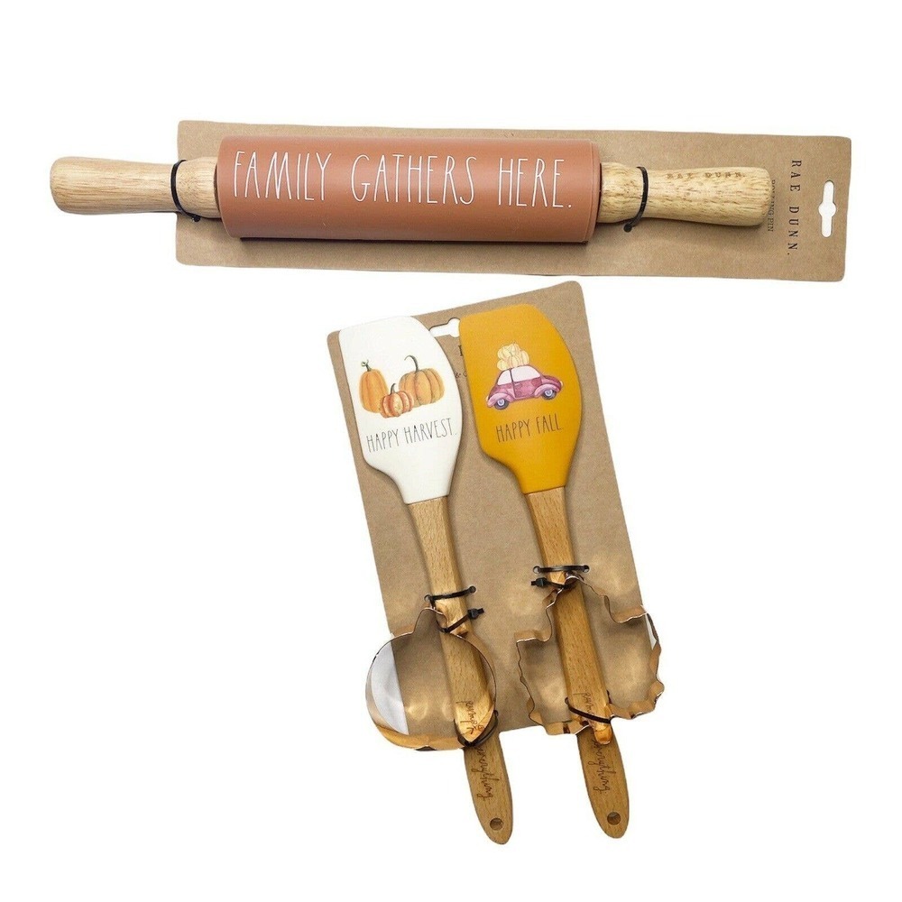 RAE DUNN Thanksgiving Spatula And Rolling Pin Cookie Cutter Baking Set P…
